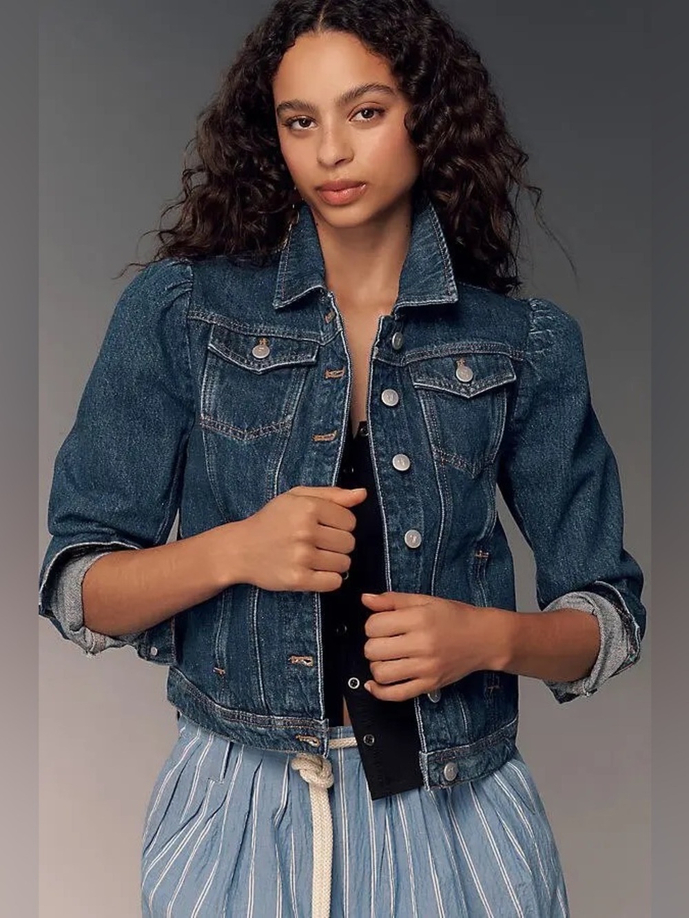 Pilcro by Anthropologie Dark Blue Puff-Sleeve Denim Jacket